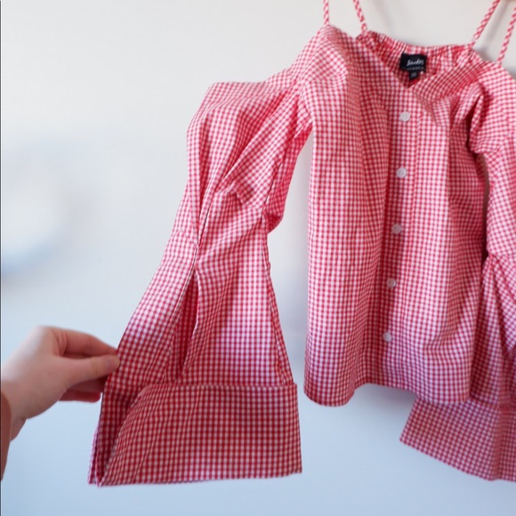 REVOLVE BARDOT SARA BELL GINGHAM OFF THE SHOULDER BLOUSE LIKE NEW - Picture 3 of 7